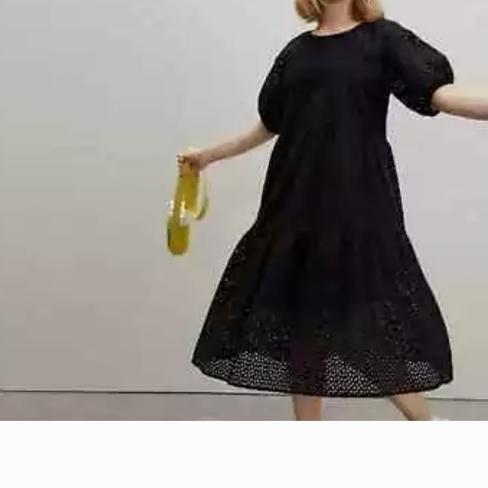 Everlane Black Eyelet Midi Dress with Puff Sleeves and Crew Neck..Size M